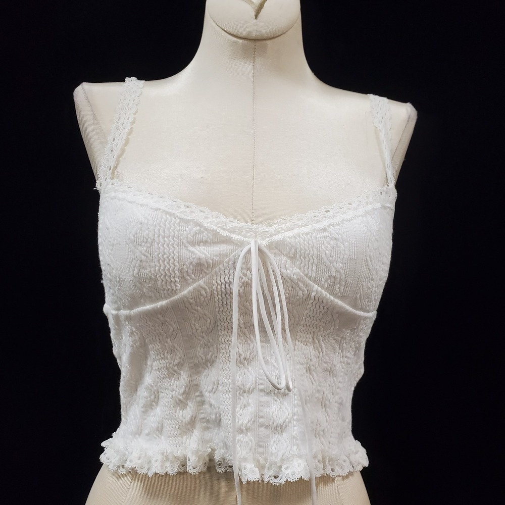 Edikted Coquette Babydoll Pointelle Knit Lace Ruffle Top Size XS White Bow Crop